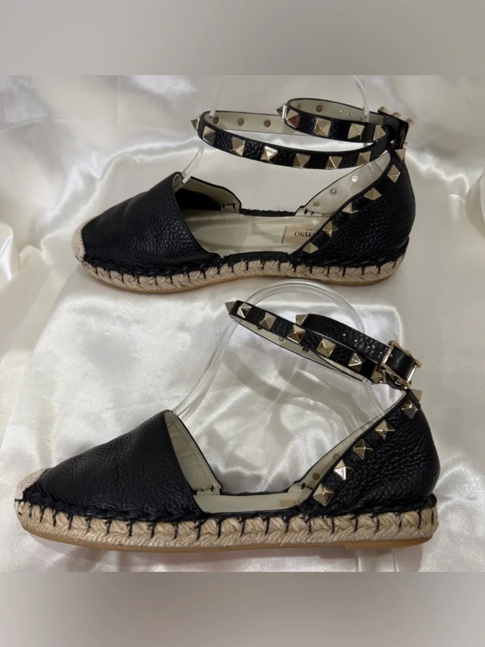 Valentino Garavani Rockstud Espadrille Sandals Leather Wrap Black Size 35 US 5